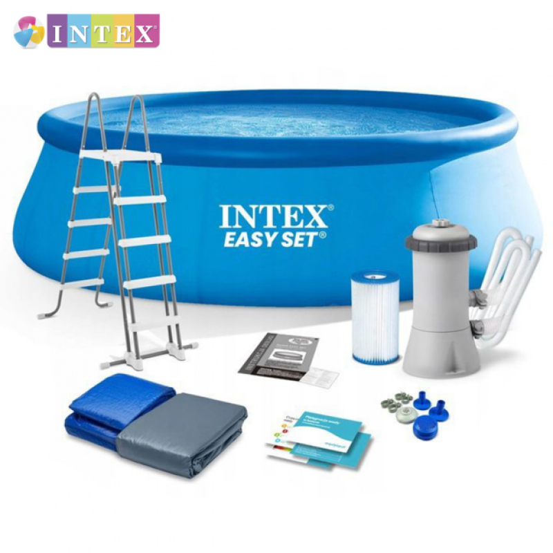 Надувний басейн наливний сімейний Intex 26166 457х107см 12430л з фільтром-насосом, сходами, тентом та підстилкою Синій