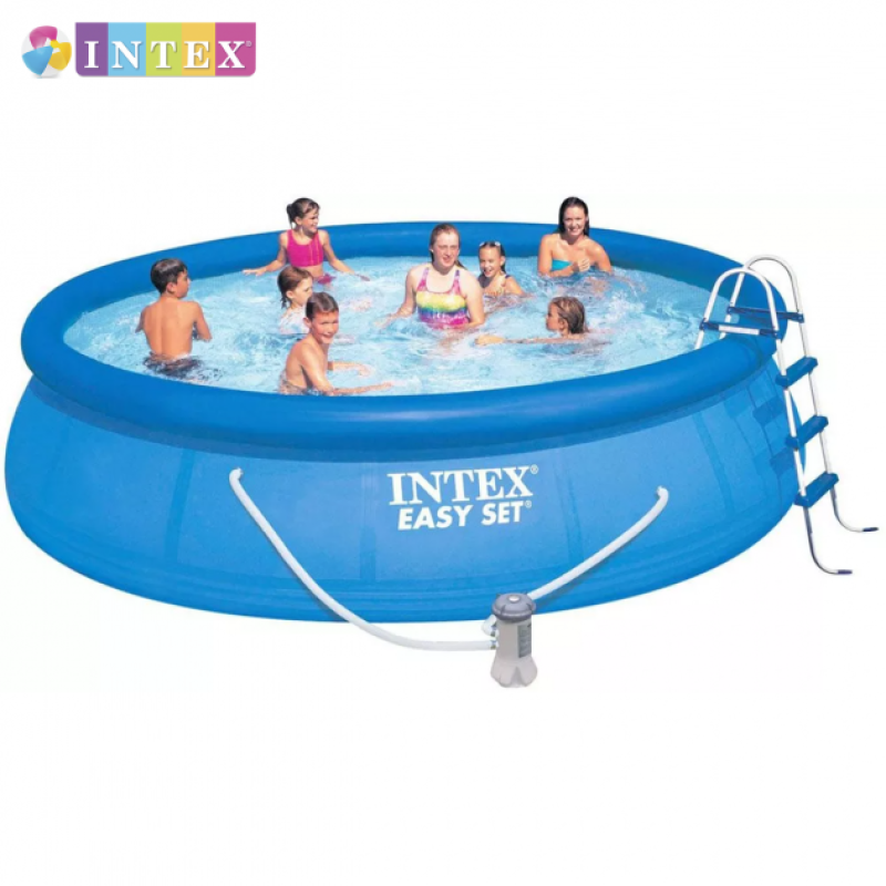 Надувний басейн наливний сімейний Intex 26166 457х107см 12430л з фільтром-насосом, сходами, тентом та підстилкою Синій