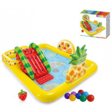 Надувний ігровий центр басейн дитячий від 2 років Intex 57158 Веселий фрукт 244x191x91см з гіркою та фонтанчиком Різнокольоровий