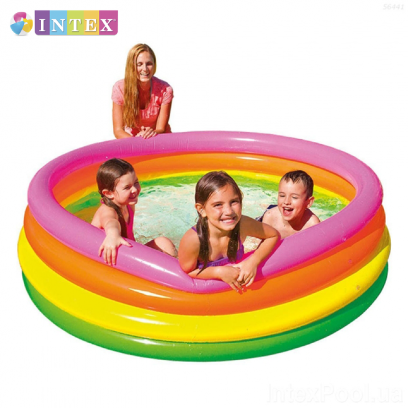 Надувний басейн дитячий від 3 років Intex 56441 Веселка 168х45см 780л 4 кільця Різнокольоровий