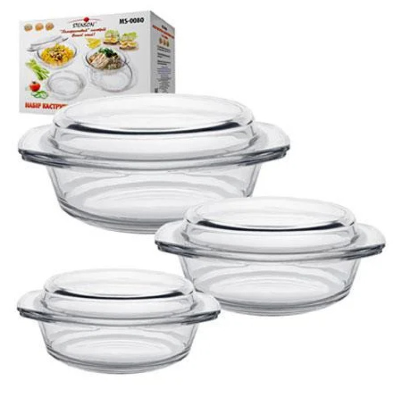 Набір скляних каструль з кришками, термоскло, 3шт. 0,75/1,0/1,5л "Stenson" MS-0080