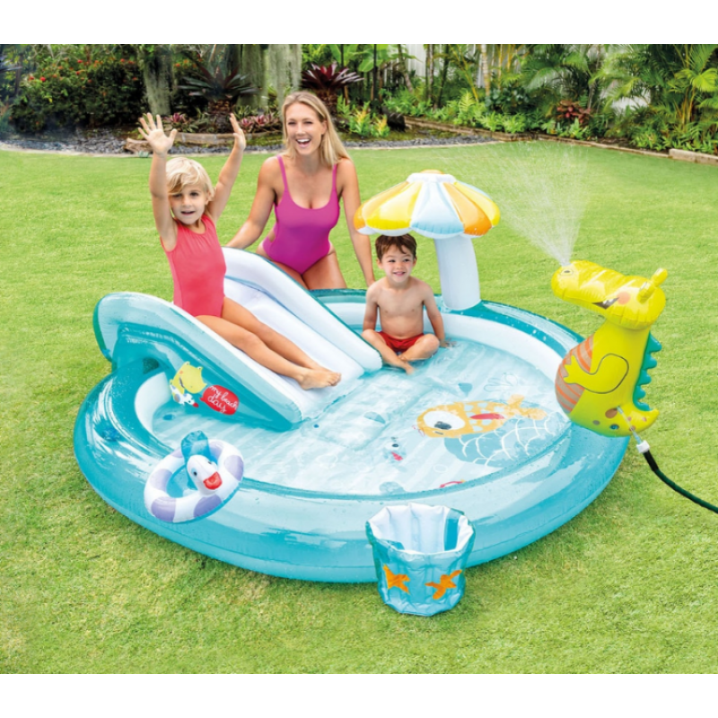 Надувний ігровий центр басейн дитячий від 2 років Intex 57165 Алігатор 201х170х84см 160л з гіркою та фонтаном Блакитний