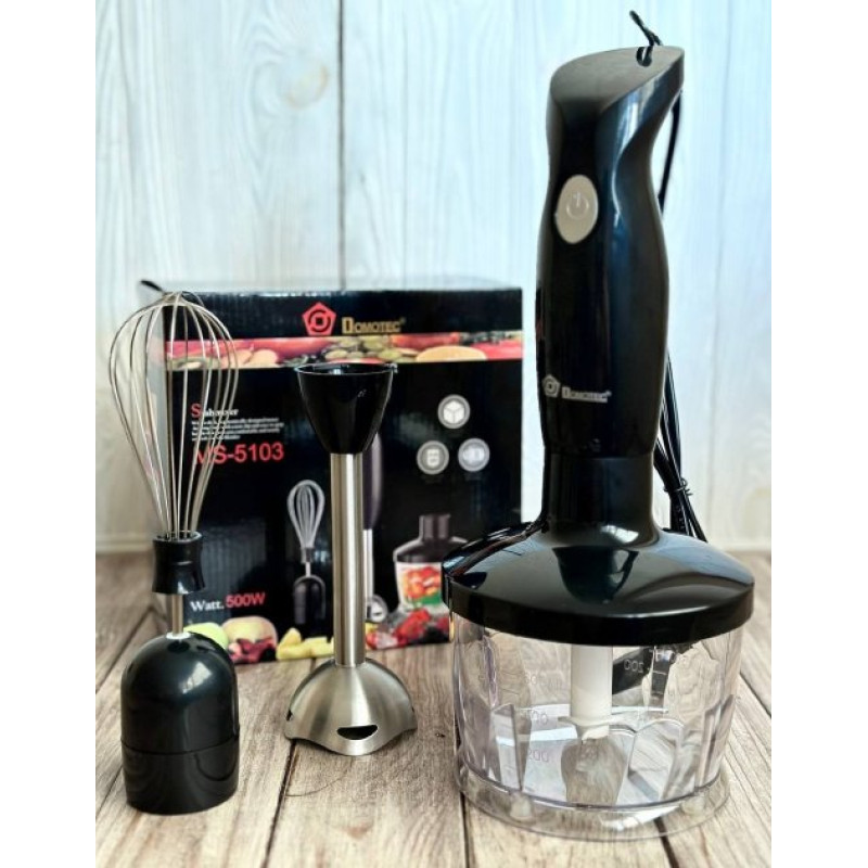 Блендер занурювальний 3в1 з чашею подрібнювачем та вінчиком Domotec MS-5103 500Вт нержавіюча сталь Black Блендер занурювальний 3в1 з чашею подрібнювачем та вінчиком Domotec MS-5103 500Вт нержавіюча сталь Black