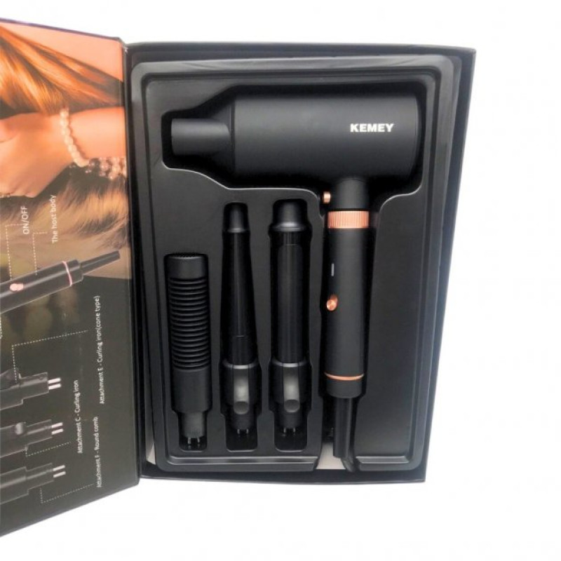 Багатофункціональний фен-стайлер 4в1 Kemey з 4 насадками для укладання випрямлення та завивки волосся KM-9203 Black