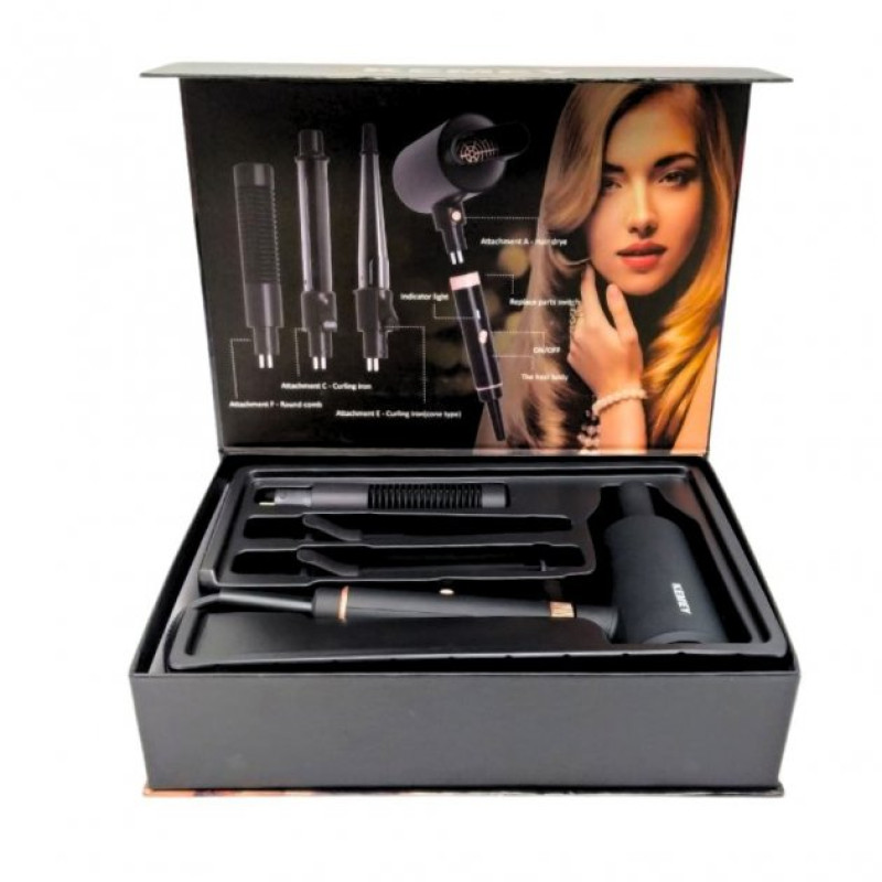 Багатофункціональний фен-стайлер 4в1 Kemey з 4 насадками для укладання випрямлення та завивки волосся KM-9203 Black