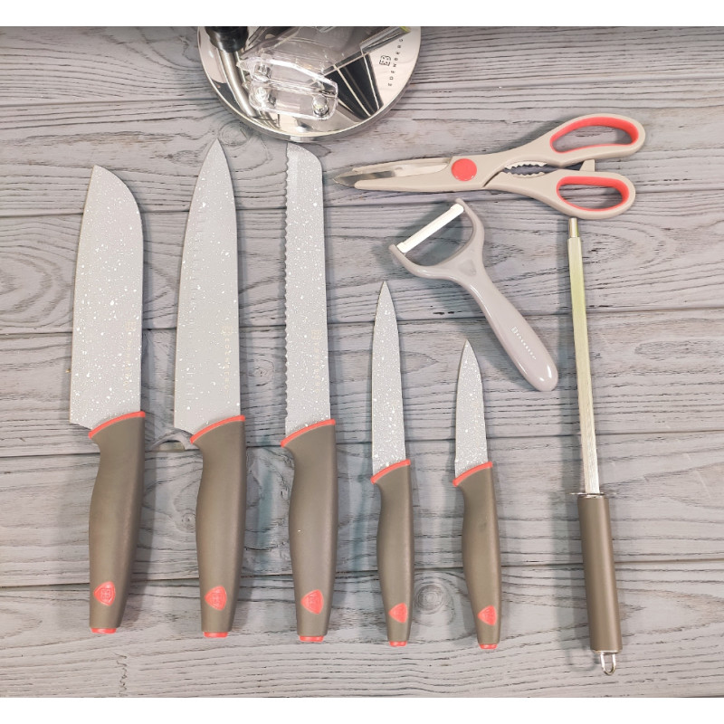 Набір кухонних ножів з 9 предметів з нержавіючої сталі на підставці Edenberg EB-11063 RED з антибактеріальним покриттям