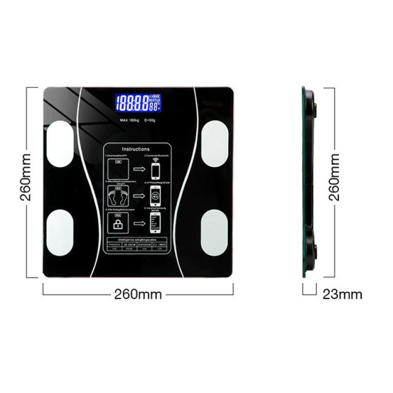 Підлогові розумні електронні скляні електронні ваги до 180кг зі шкалою жирових відкладень і додатком на смартфон LY-114 Black