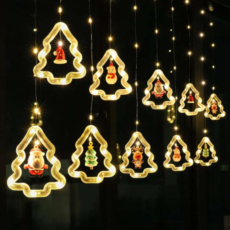 Гірлянда штора 3м з теплим жовтим світінням "Фігурки в ялинці" ялинка, сніговик, дід мороз SF-6 Warm