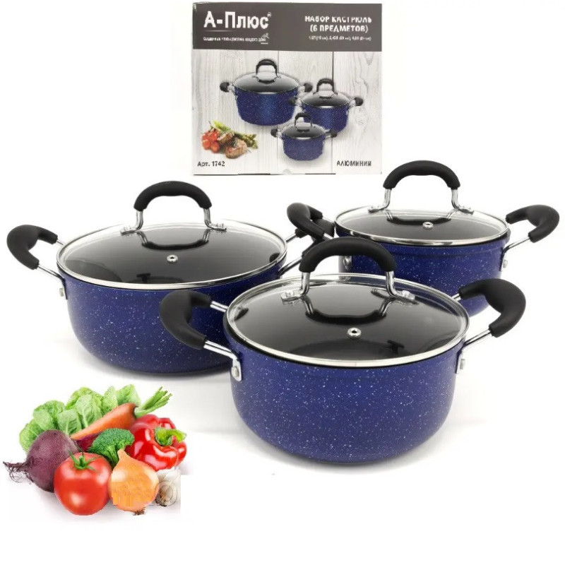 Набір посуду з мармуровим покриттям, 6 предметів синій A-Plus 1742