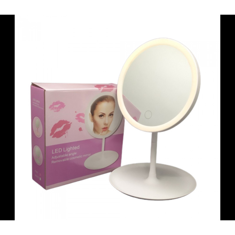 Дзеркало косметична настільна з LED підсвічуванням регульована кругла з підставкою White (WJ2012)