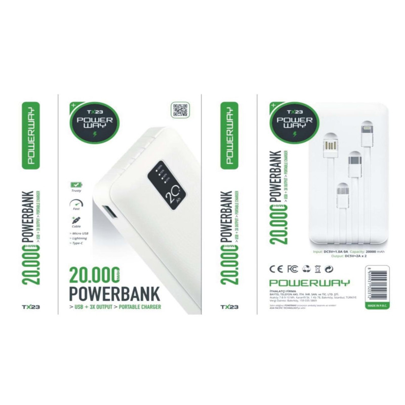 Портативний зарядний пристрій 20000 mAh повербанк 2 USB Powerway TX23 powerbank