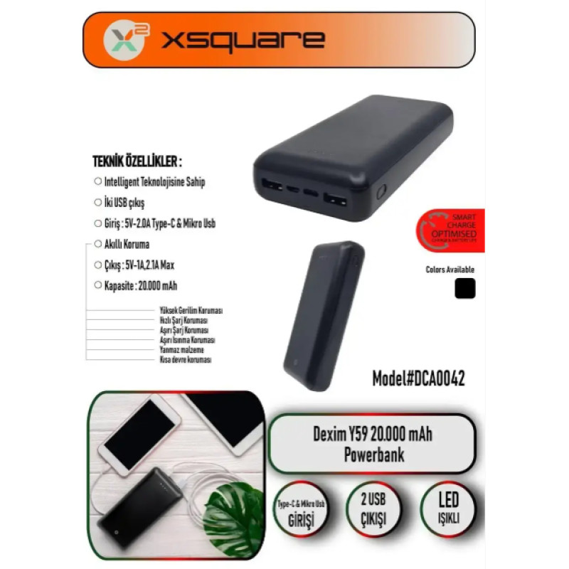 Портативний зарядний пристрій 20000 mAh повербанк 2 USB DEXIM X2 DCA0042 (Y59) POWERBANK BLACK