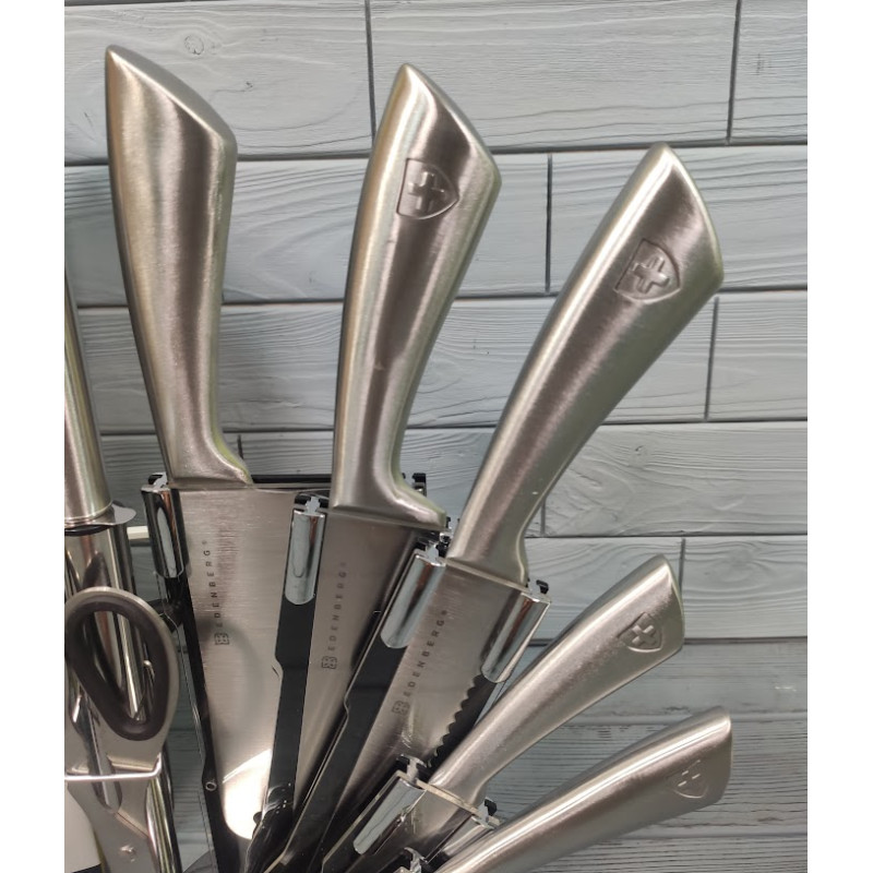 Набір кухонних ножів 9 предметів з нержавіючої сталі на підставці Edenberg EB-3618 Сріблястий Набір кухонних ножів 9 предметів з нержавіючої сталі на підставці Edenberg EB-3618 Сріблястий