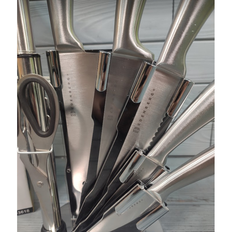 Набір кухонних ножів 9 предметів з нержавіючої сталі на підставці Edenberg EB-3618 Сріблястий Набір кухонних ножів 9 предметів з нержавіючої сталі на підставці Edenberg EB-3618 Сріблястий