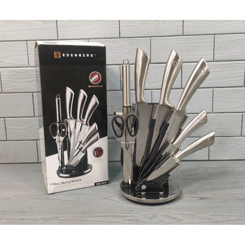 Набір кухонних ножів 9 предметів з нержавіючої сталі на підставці Edenberg EB-3618 Сріблястий Набір кухонних ножів 9 предметів з нержавіючої сталі на підставці Edenberg EB-3618 Сріблястий
