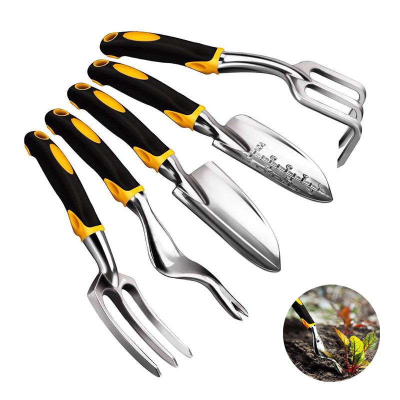 Набір садових інструментів для саду та городу з 5 предметів з нержавіючої сталі та пластику Lesko CG-7101B Чорний/жовтий