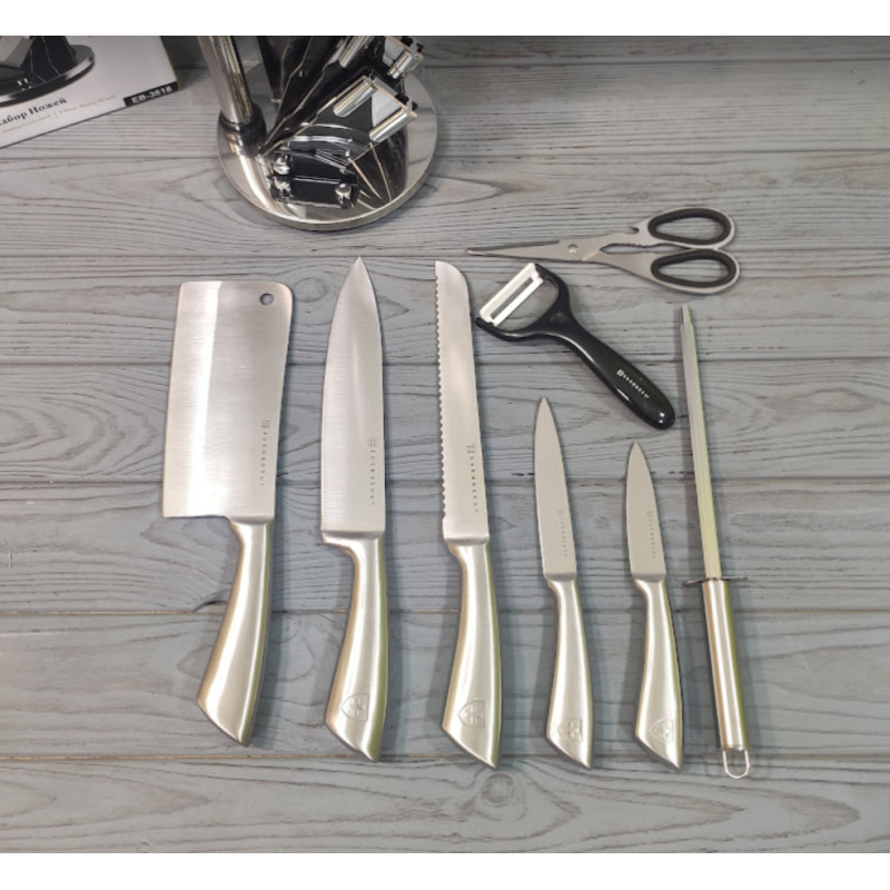 Набір кухонних ножів 9 предметів з нержавіючої сталі на підставці Edenberg EB-3618 Сріблястий Набір кухонних ножів 9 предметів з нержавіючої сталі на підставці Edenberg EB-3618 Сріблястий