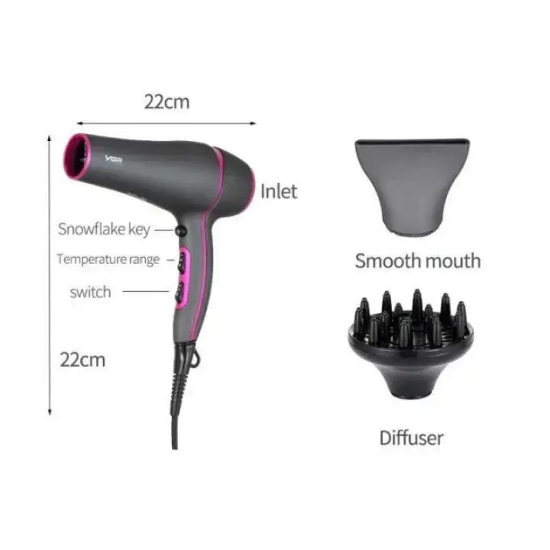 Професійний фен для волосся з насадками та дифузором 2200W VGR V-402