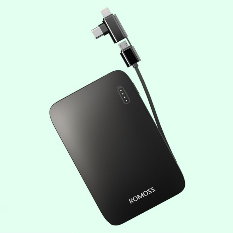 Зовнішній портативний акумулятор з кількома портами USB та вбудованим кабелем Romoss PSC10 10000 mAh Чорний Зовнішній портативний акумулятор з кількома портами USB та вбудованим кабелем Romoss PSC10 10000 mAh Чорний