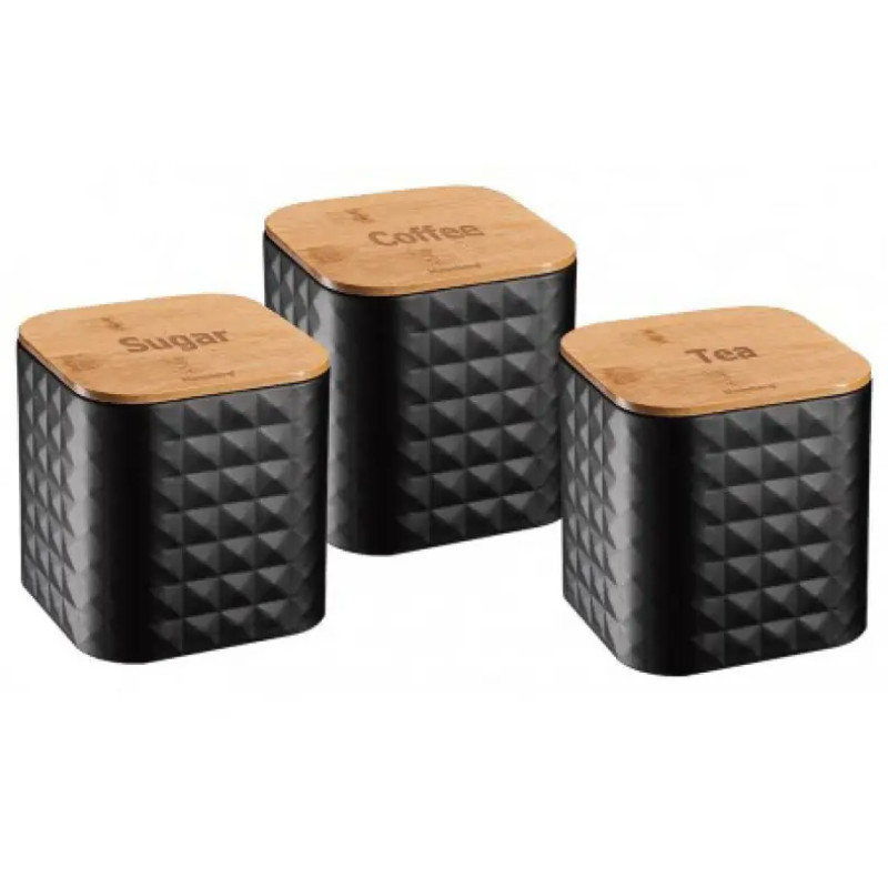 Набір банок для сипучих продуктів з дерев'яною кришкою кава, чай, цукор Edenberg EB-145 3шт 1500мл Чорний