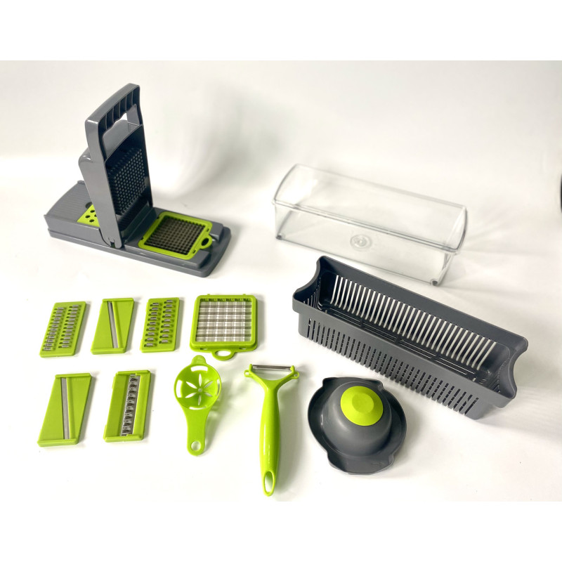 Багатофункціональна ручна овочерізка-подрібнювач Veggie Slicer 14в1 з насадками та контейнером, ситечко для яєць та ніж-економка для очищення овочів Сіро-зелений
