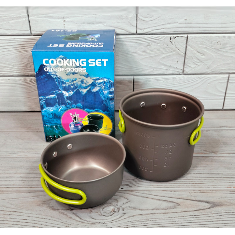 Набір туристичного посуду для пікніка із чохлом на 1 персону Cooking Set DS-101 Чорний із салатовим