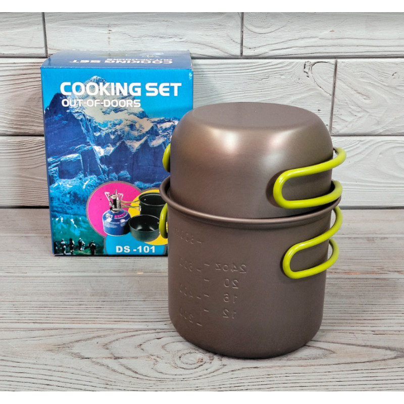 Набір туристичного посуду для пікніка із чохлом на 1 персону Cooking Set DS-101 Чорний із салатовим