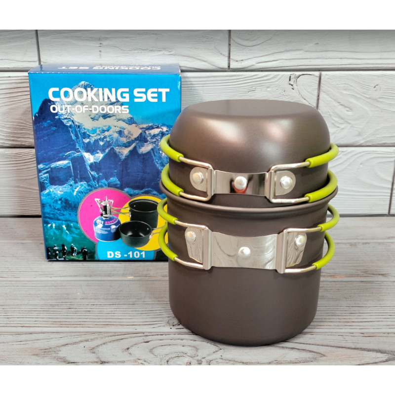 Набір туристичного посуду для пікніка із чохлом на 1 персону Cooking Set DS-101 Чорний із салатовим