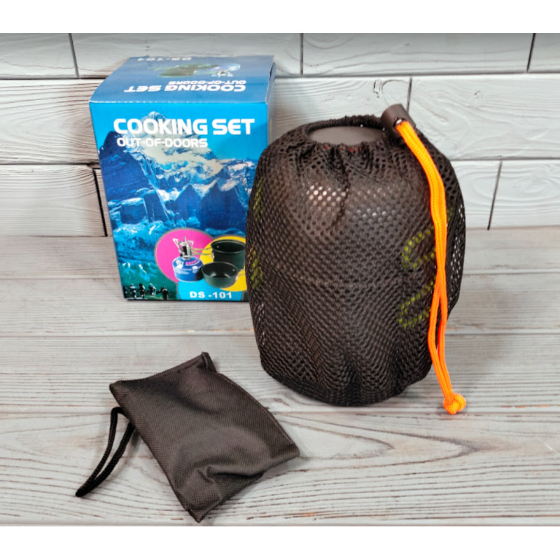 Набір туристичного посуду для пікніка із чохлом на 1 персону Cooking Set DS-101 Чорний із салатовим
