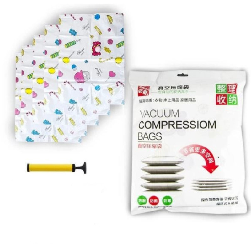 Набір поліетиленових вакуумних пакетів для речей із насосом 6 предметів Stenson R26106 (5 пакетів + насос) Прозорий