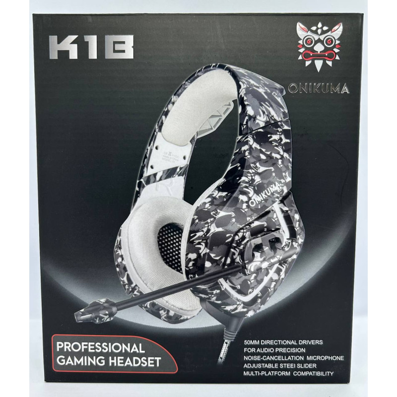 Ігрові навушники накладні з мікрофоном та soft touch покриттям для комп'ютера та консолей 20Ом 20Гц-20кГц 3,5мм (mini-jack) Onikuma K1B Камуфляж-абстракція Чорно-сірий