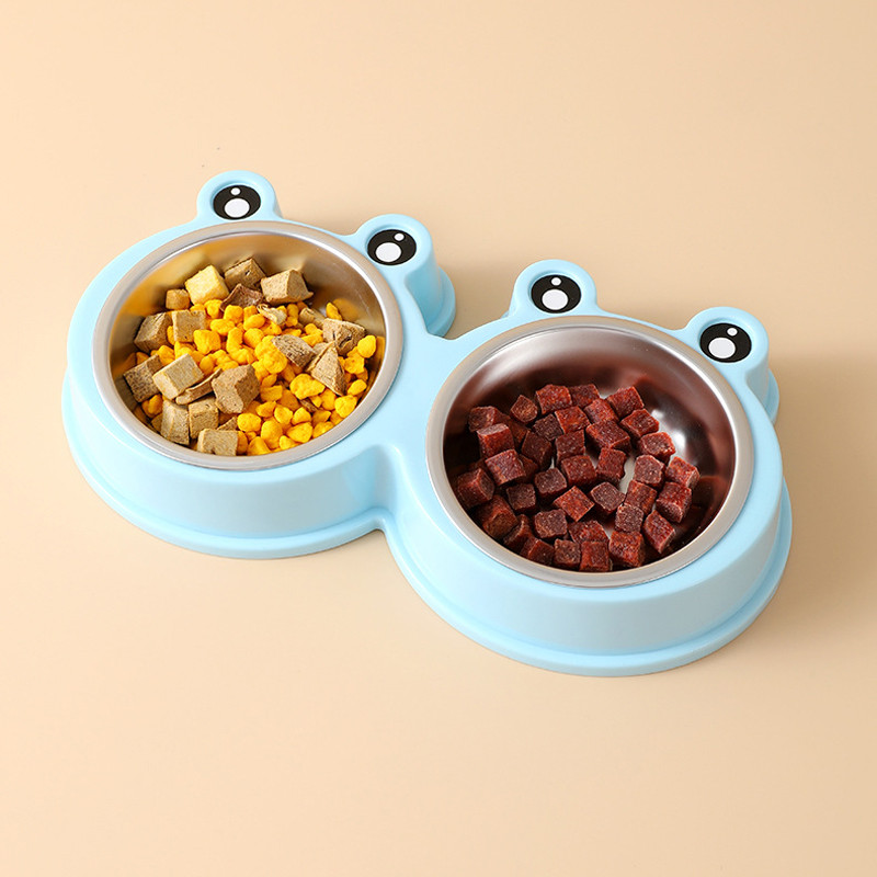 Миска для котов и собак двойная из нержавеющей стали и пластика 0.3л 36х20х5.5см Taotaopets Frog 135501 Blue