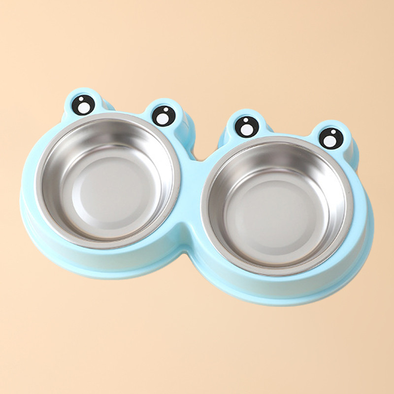 Миска для котов и собак двойная из нержавеющей стали и пластика 0.3л 36х20х5.5см Taotaopets Frog 135501 Blue