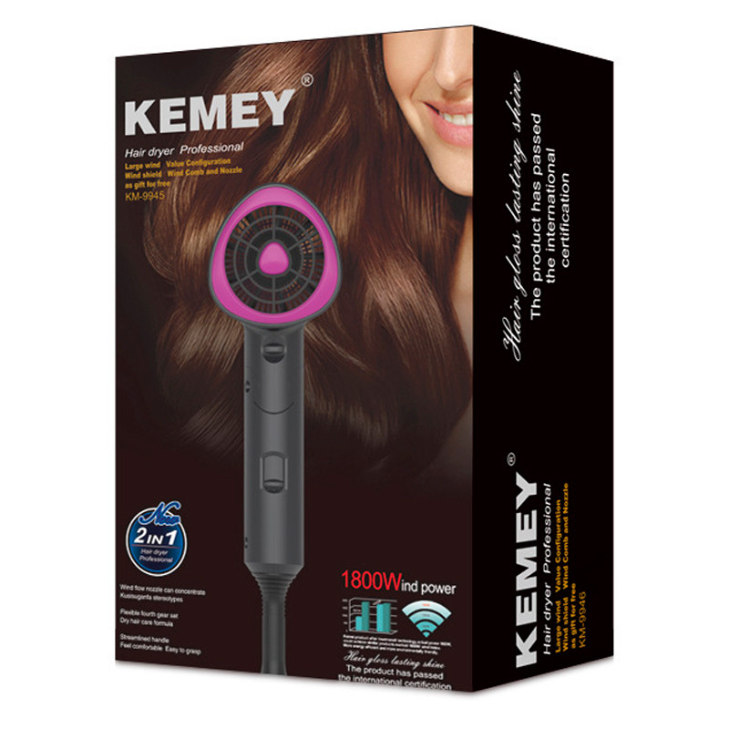 Фен для волосся Kemei Hair Blow портативний зі складною ручкою 3 температурні режими KM-9945 1800Вт Black/Pink