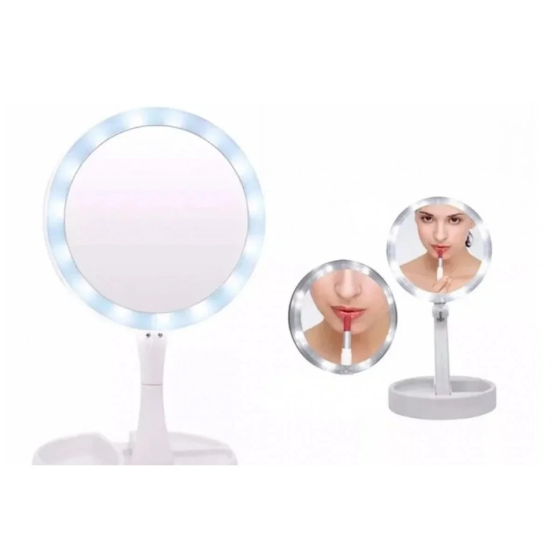 Дзеркало косметичне для макіяжу складне настільне з LED підсвічуванням та органайзером регульоване кругле з підставкою White