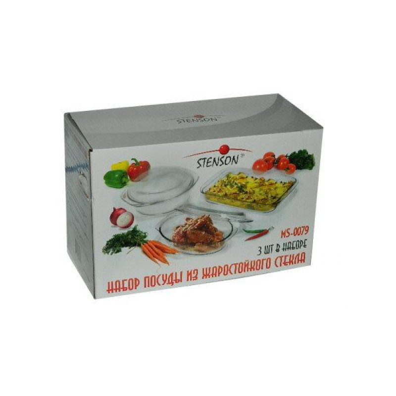 Набір жароміцного скляного посуду з 5 предметів 2 каструлі з кришками і лист 1.5/2.0/2.5л Stenson MS-0079 Transparent