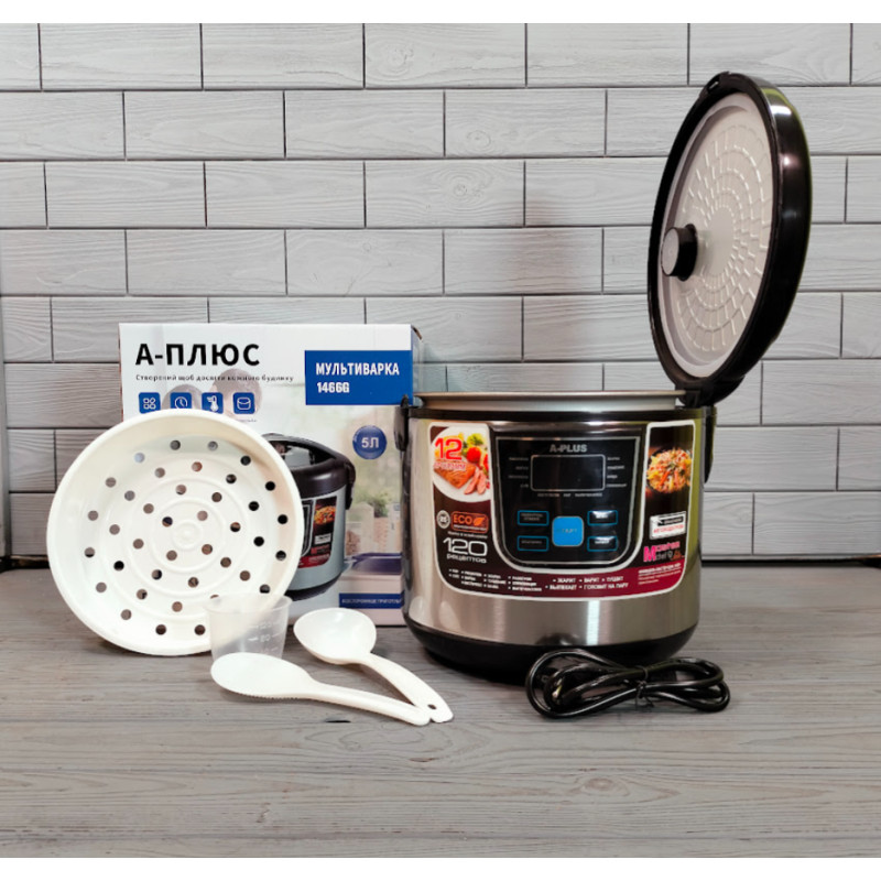 Універсальна мультиварка електрична з антипригарною чашею 5л 10 програм A-Plus 1466G 1000 Вт Black Універсальна мультиварка електрична з антипригарною чашею 5л 10 програм A-Plus 1466G 1000 Вт Black