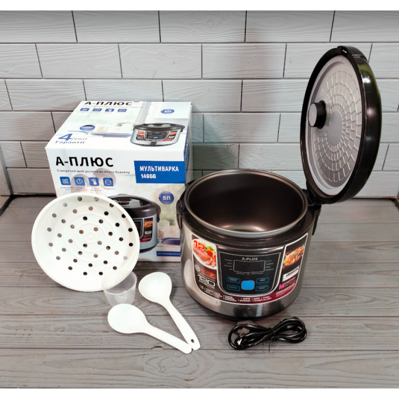 Універсальна мультиварка електрична з антипригарною чашею 5л 10 програм A-Plus 1466G 1000 Вт Black Універсальна мультиварка електрична з антипригарною чашею 5л 10 програм A-Plus 1466G 1000 Вт Black