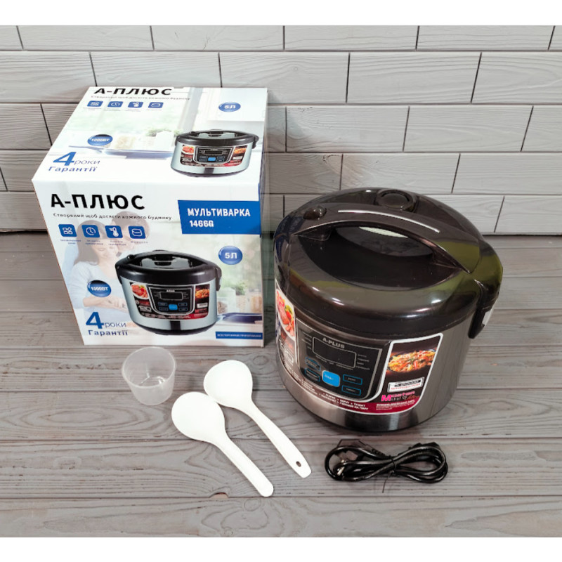 Універсальна мультиварка електрична з антипригарною чашею 5л 10 програм A-Plus 1466G 1000 Вт Black Універсальна мультиварка електрична з антипригарною чашею 5л 10 програм A-Plus 1466G 1000 Вт Black
