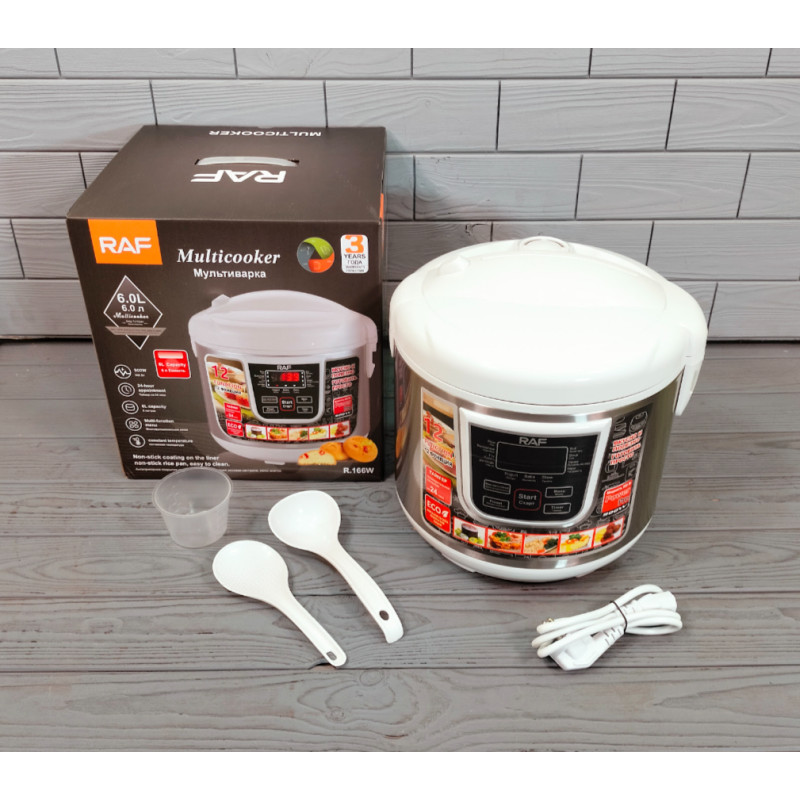 Мультиварка багатофункціональна з антипригарним керамічним покриттям корпус з нержавіючої сталі 6 літрів 12 програм RAF R166 White