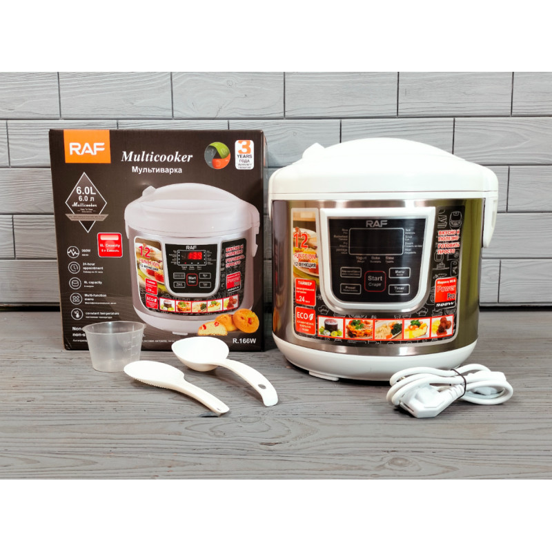 Мультиварка багатофункціональна з антипригарним керамічним покриттям корпус з нержавіючої сталі 6 літрів 12 програм RAF R166 White