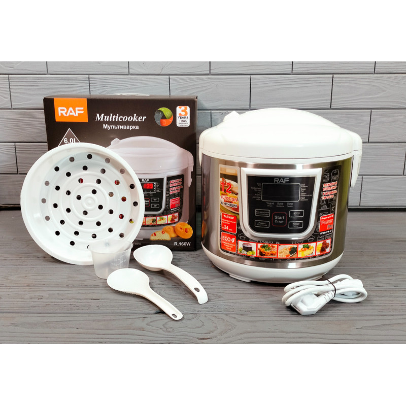 Мультиварка багатофункціональна з антипригарним керамічним покриттям корпус з нержавіючої сталі 6 літрів 12 програм RAF R166 White