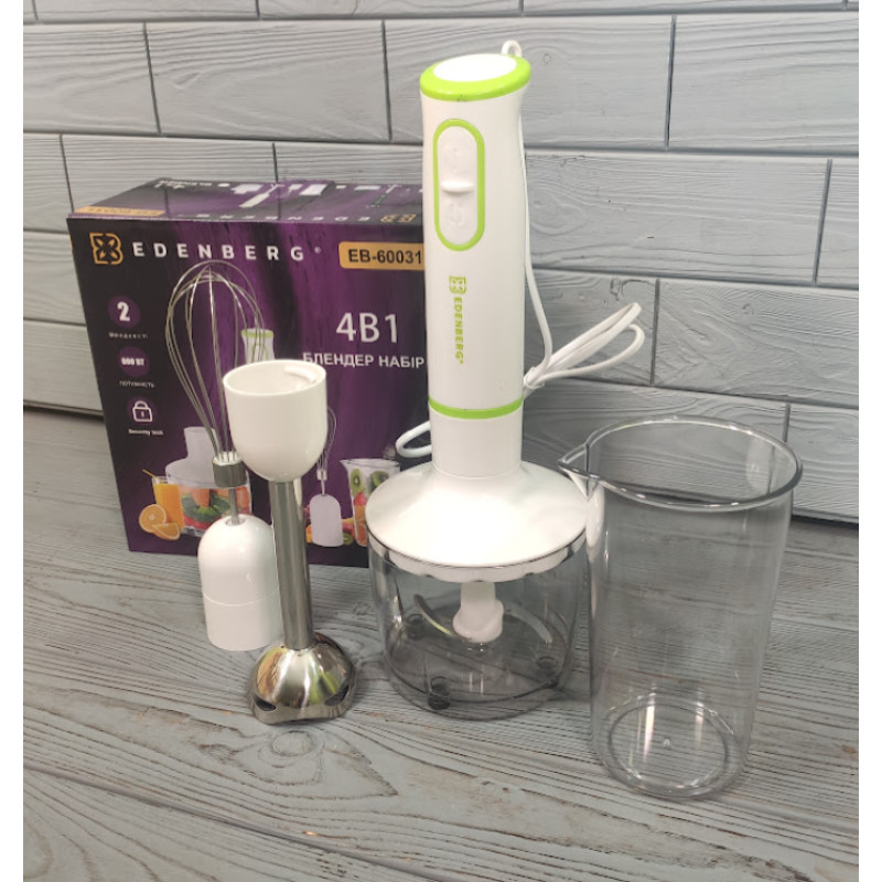 Блендер занурювальний 4в1 електричний з чашею та подрібнювачем Edenberg EB-60031 800Вт Білий Блендер занурювальний 4в1 електричний з чашею та подрібнювачем Edenberg EB-60031 800Вт Білий