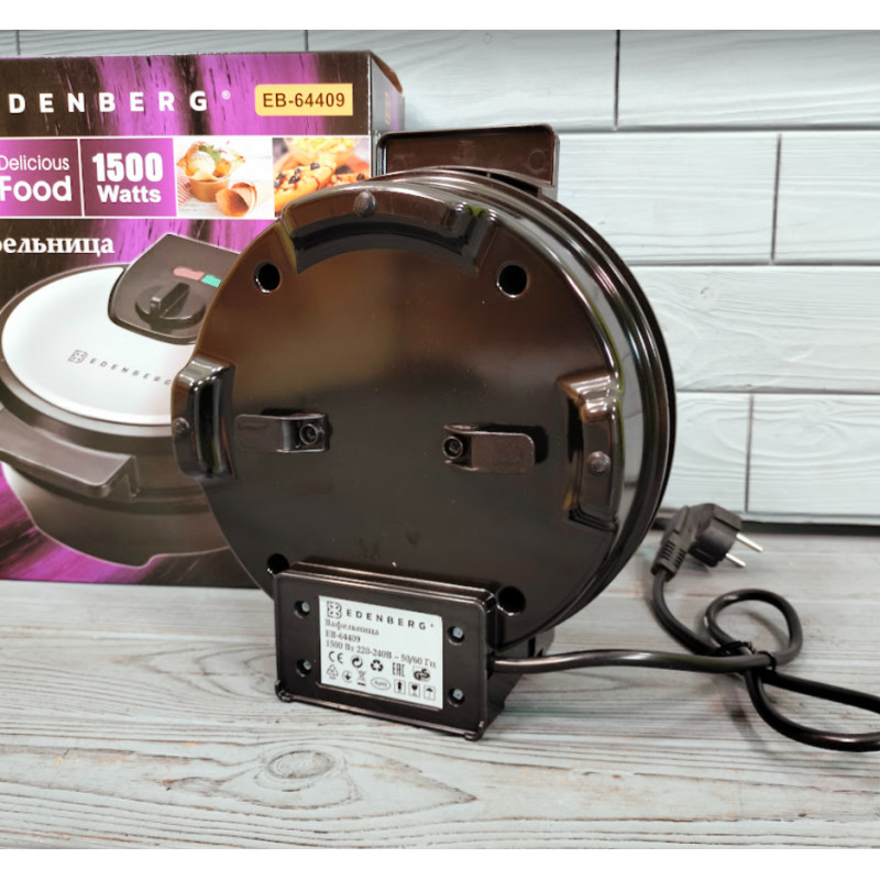 Вафельниця електрична кругла для тонких вафель, ріжків, трубочок з антипригарним покриттям та захистом від перегріву 1500Вт Edenberg EB-64409 Чорний/Сірий