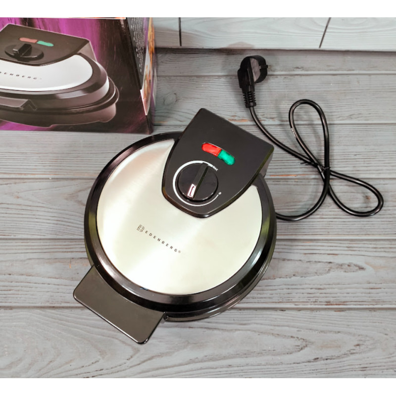 Вафельниця електрична кругла для тонких вафель, ріжків, трубочок з антипригарним покриттям та захистом від перегріву 1500Вт Edenberg EB-64409 Чорний/Сірий