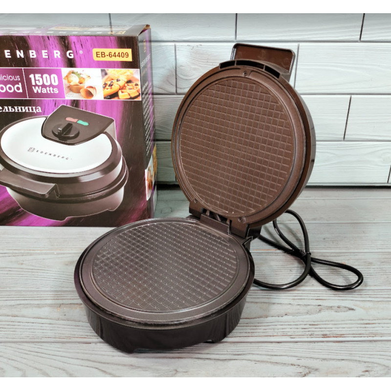 Вафельниця електрична кругла для тонких вафель, ріжків, трубочок з антипригарним покриттям та захистом від перегріву 1500Вт Edenberg EB-64409 Чорний/Сірий