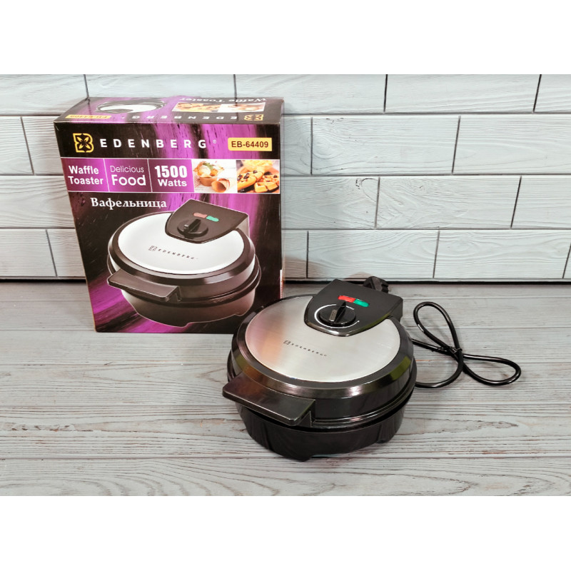 Вафельниця електрична кругла для тонких вафель, ріжків, трубочок з антипригарним покриттям та захистом від перегріву 1500Вт Edenberg EB-64409 Чорний/Сірий