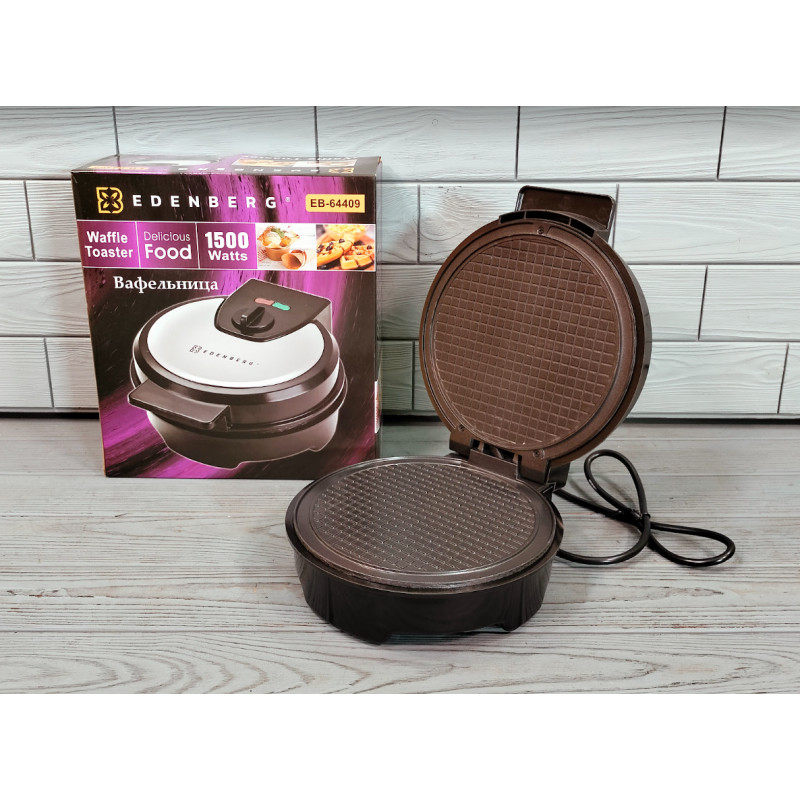 Вафельниця електрична кругла для тонких вафель, ріжків, трубочок з антипригарним покриттям та захистом від перегріву 1500Вт Edenberg EB-64409 Чорний/Сірий