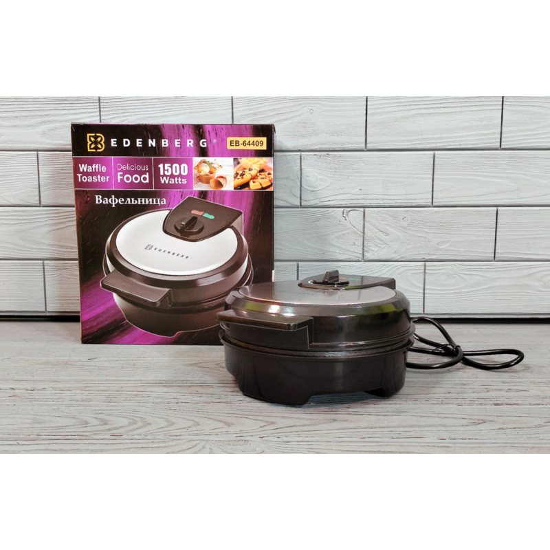 Вафельниця електрична кругла для тонких вафель, ріжків, трубочок з антипригарним покриттям та захистом від перегріву 1500Вт Edenberg EB-64409 Чорний/Сірий