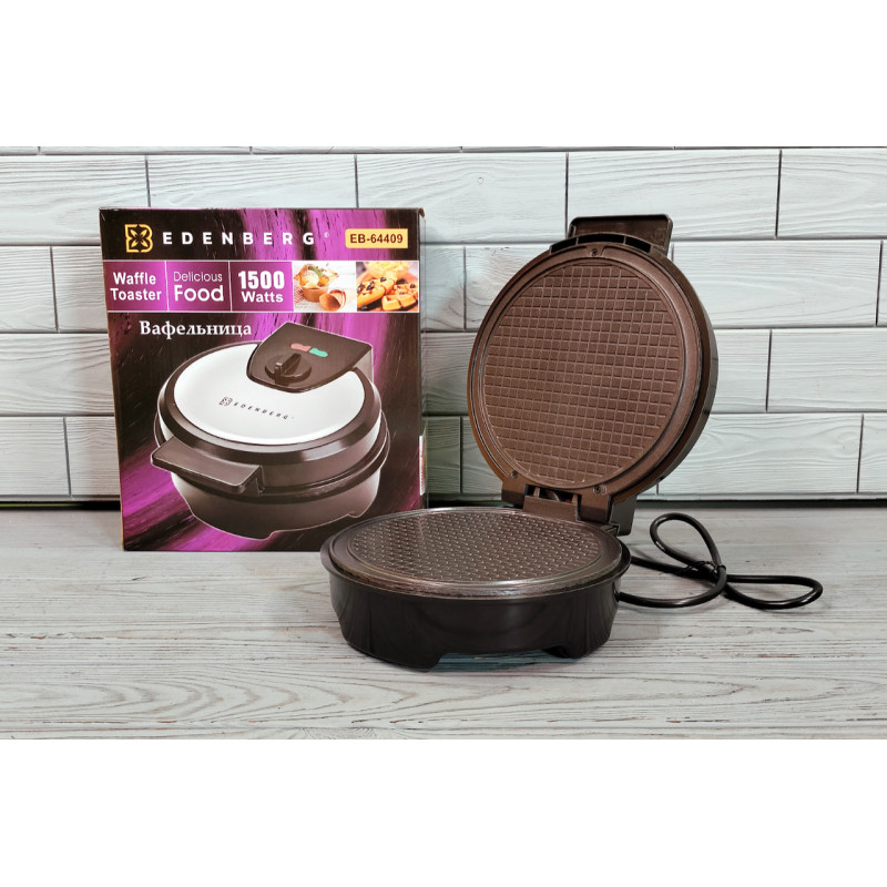 Вафельниця електрична кругла для тонких вафель, ріжків, трубочок з антипригарним покриттям та захистом від перегріву 1500Вт Edenberg EB-64409 Чорний/Сірий